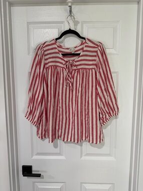 Nautical Vibes ❤️🤍⚓️🛟🛥️Cato Red and White Striped Tie-Front Peasant Tunic